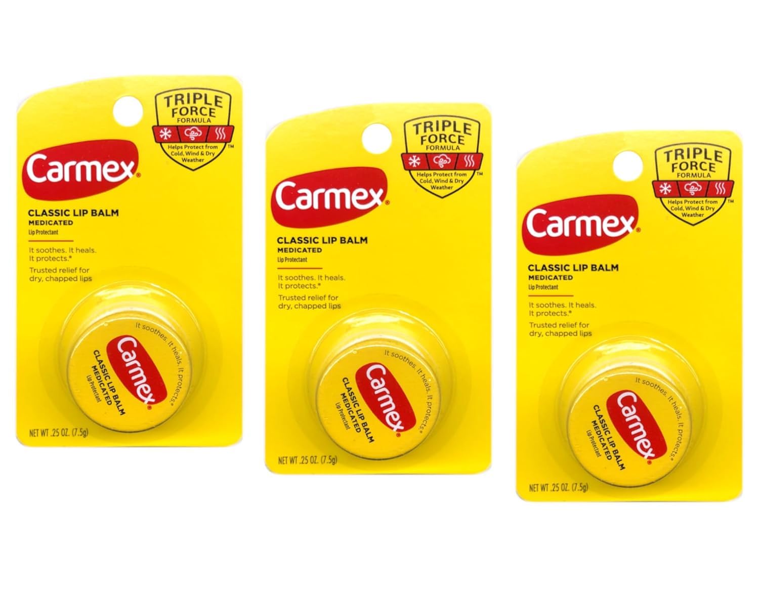 Carmex Balsamo labial clásico medicado, enfoque paquete de 3 para uso diario.