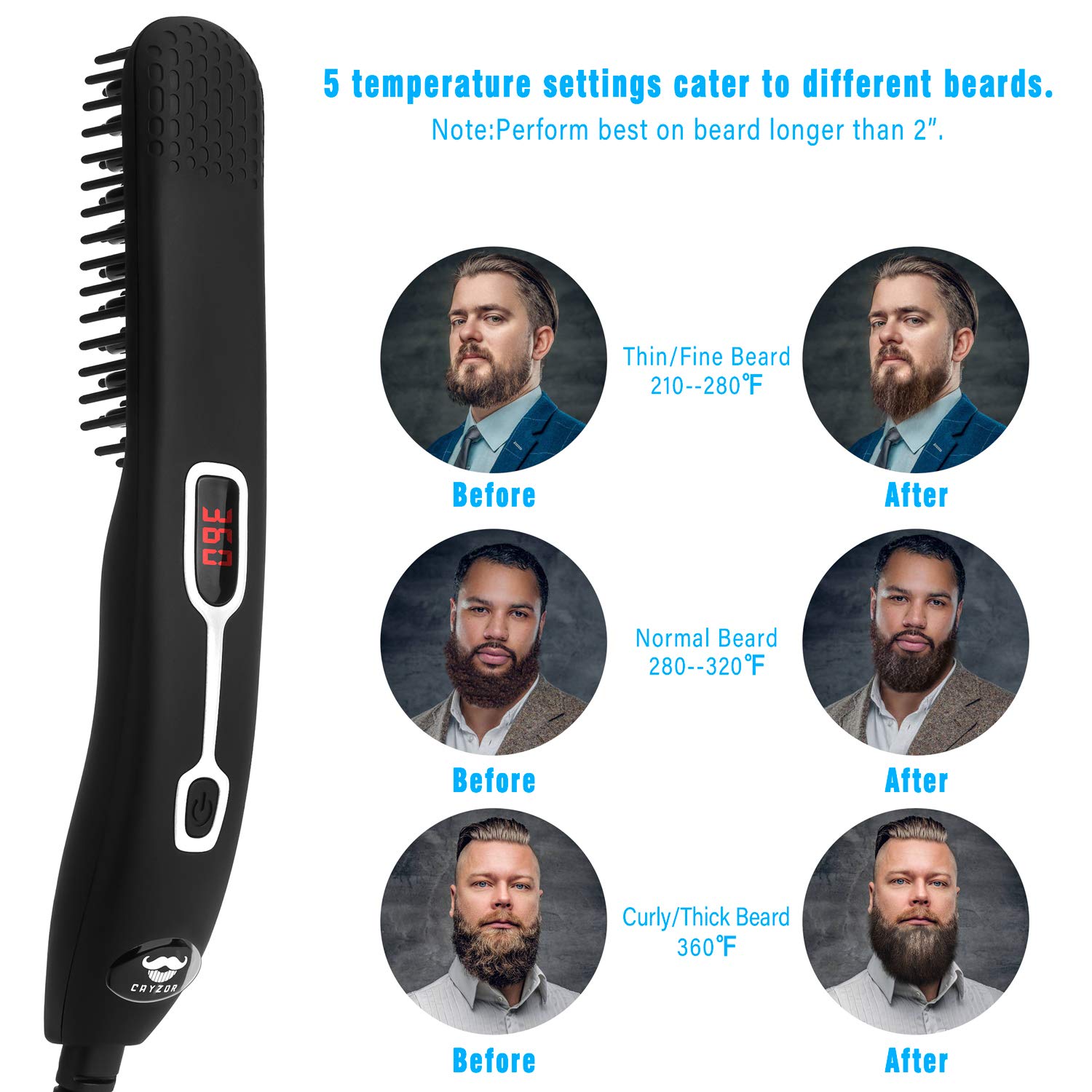 Cayzor Alisador de Barba, calefacción PTC con recubrimiento cerámico para alisado uniforme.