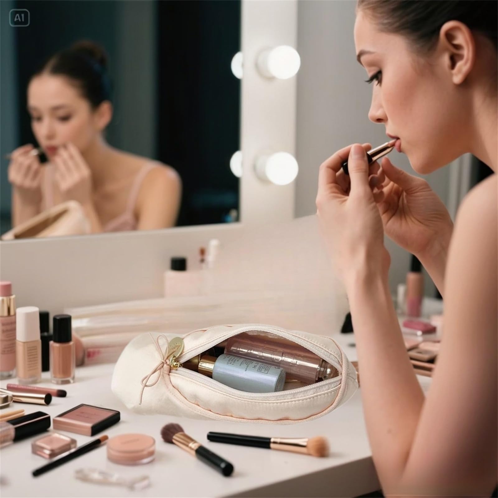 CECKQUE bolso maquillaje danza – detalle interior suave, protege labiales y sombras