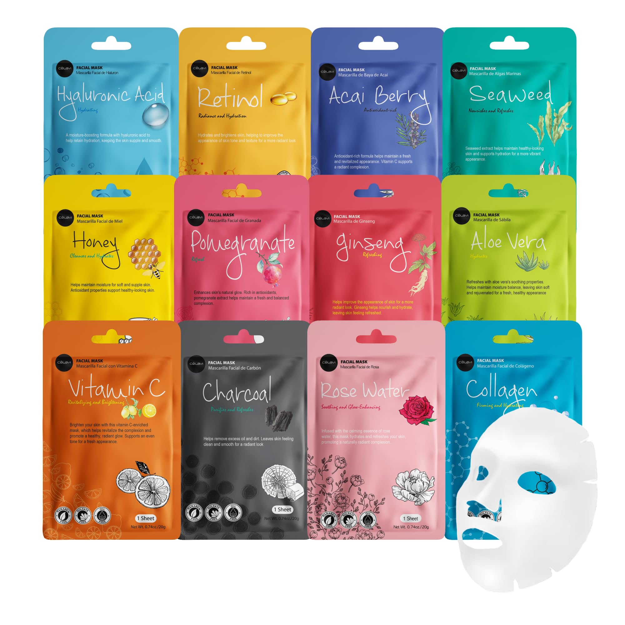 Celavi pack de 12 mascarillas coreanas para cuidado facial diario.