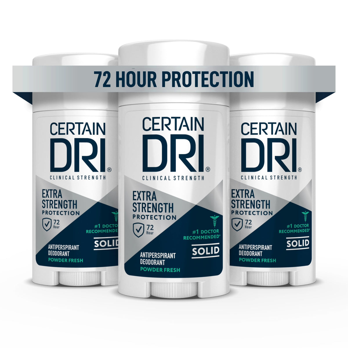 Certain Dri Extra Strength Clinical bottle on shelf, offering long-lasting protection.