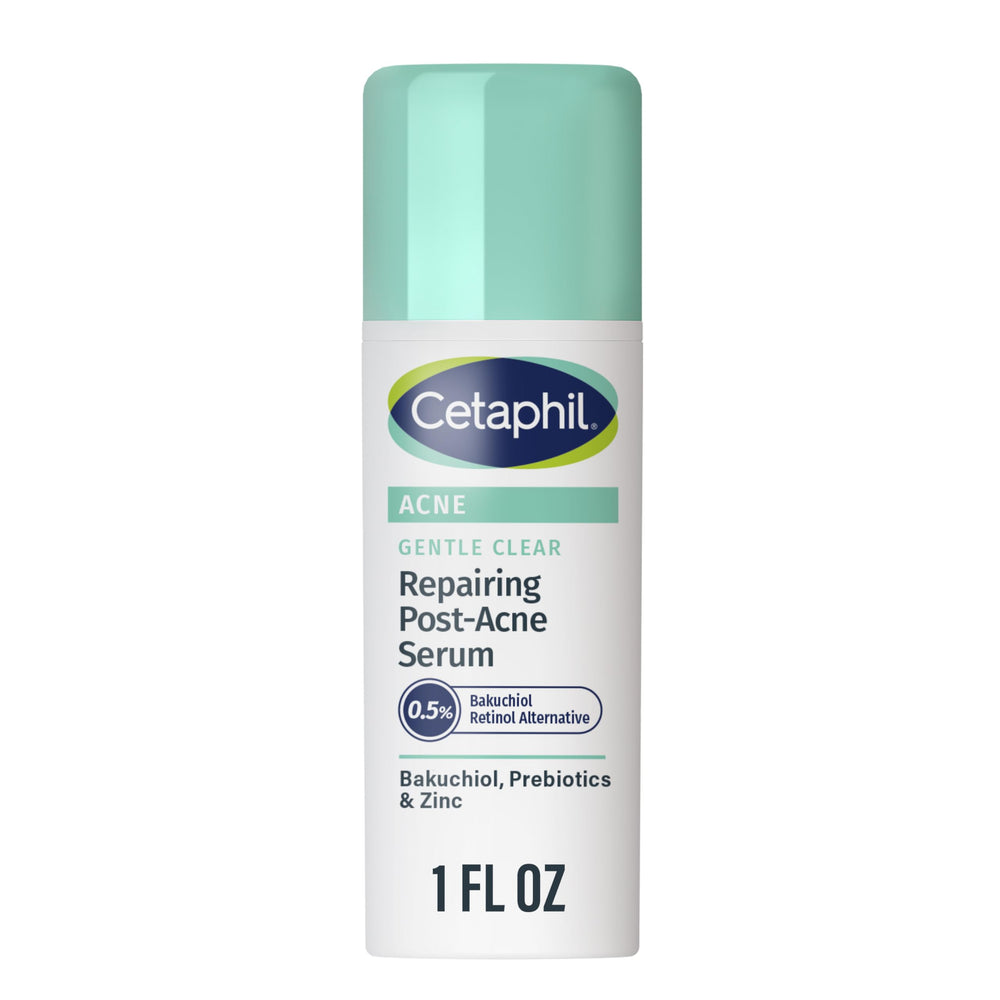 Cetaphil Gentle Clear Repairing Post-Acne Serum bottle for sensitive skin, promoting smoother texture