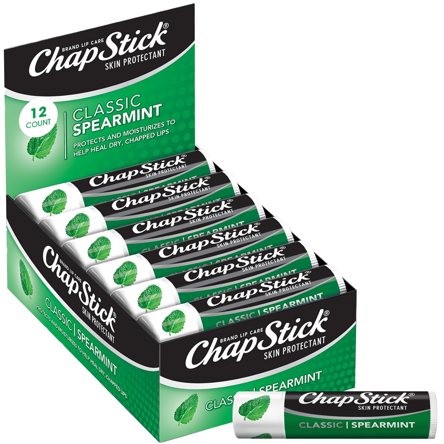 ChapStick Classic Spearmint bulk 12-pack front view, convenient lip care on the go.