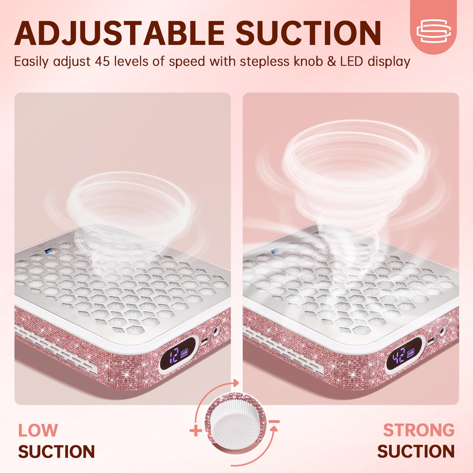 Colector de polvo para uñas portátil de Christine Shelly para espacios sin cables.