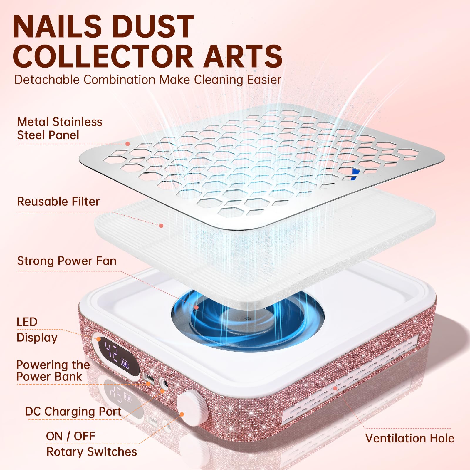 Disipación de calor eficiente en el diseño de Christine Shelly Nail Dust Collector.