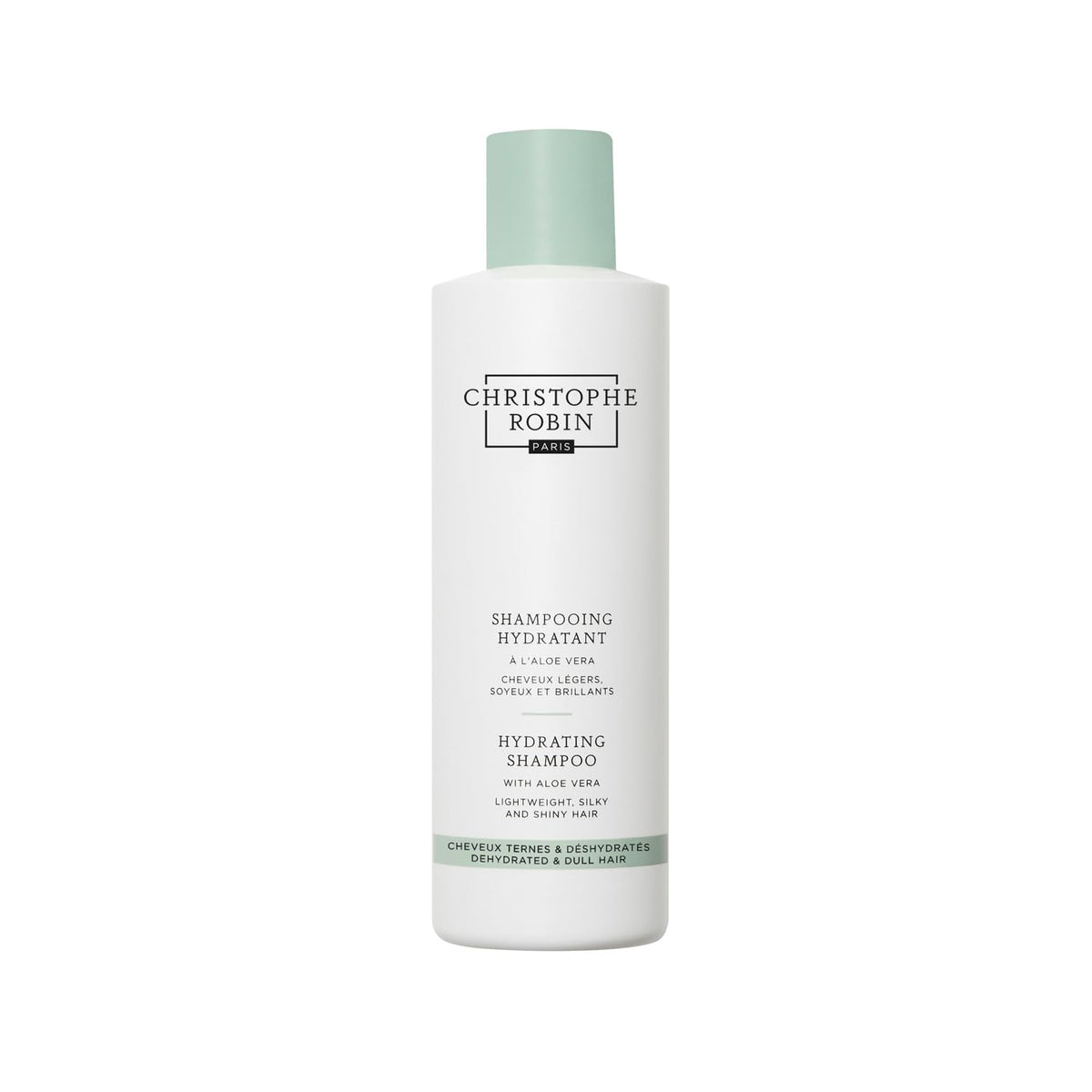 Shampoing Christophe Robin Hydratant Aloe Vera en bouteille, douceur et hydratation.