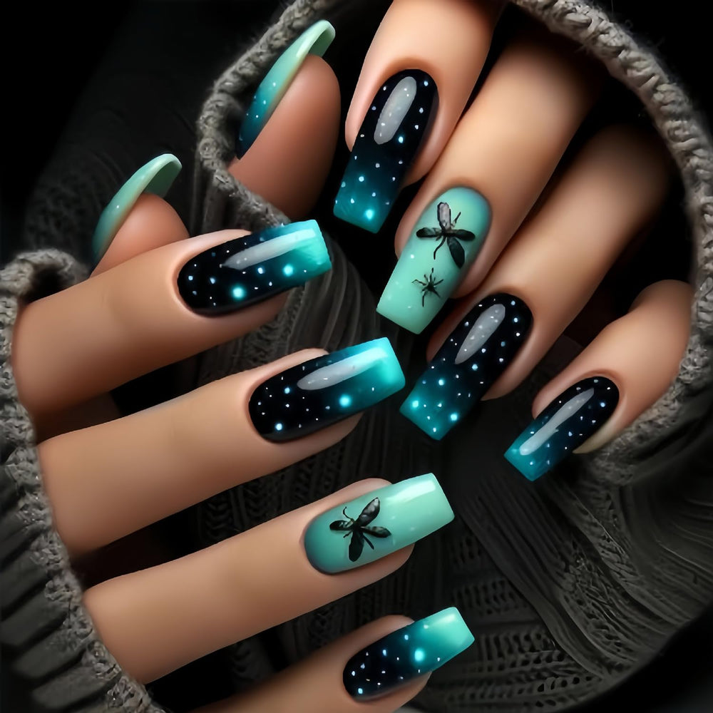 Uñas postizas CJDLTS en verde degradado con mariposas, ideal para ocasiones especiales