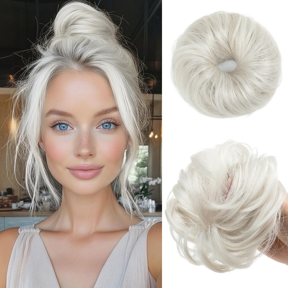 CJL HAIR moño mini rizado blanco para cabello fino, añade volumen suave.