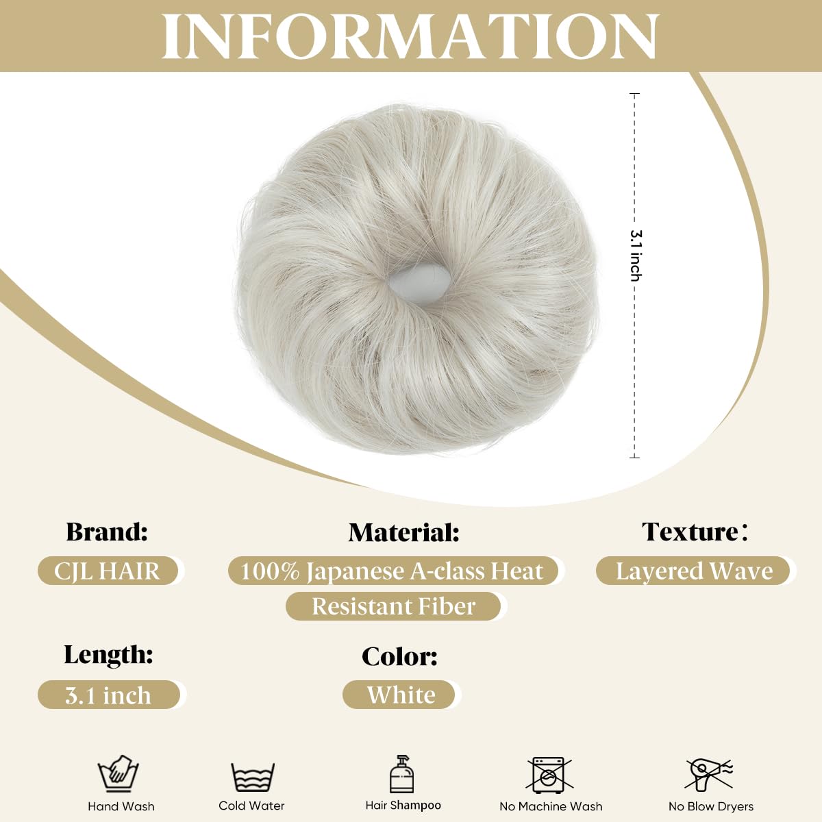 CJL HAIR pieza recogido delgado blanco, realza el peinado con volumen ligero.