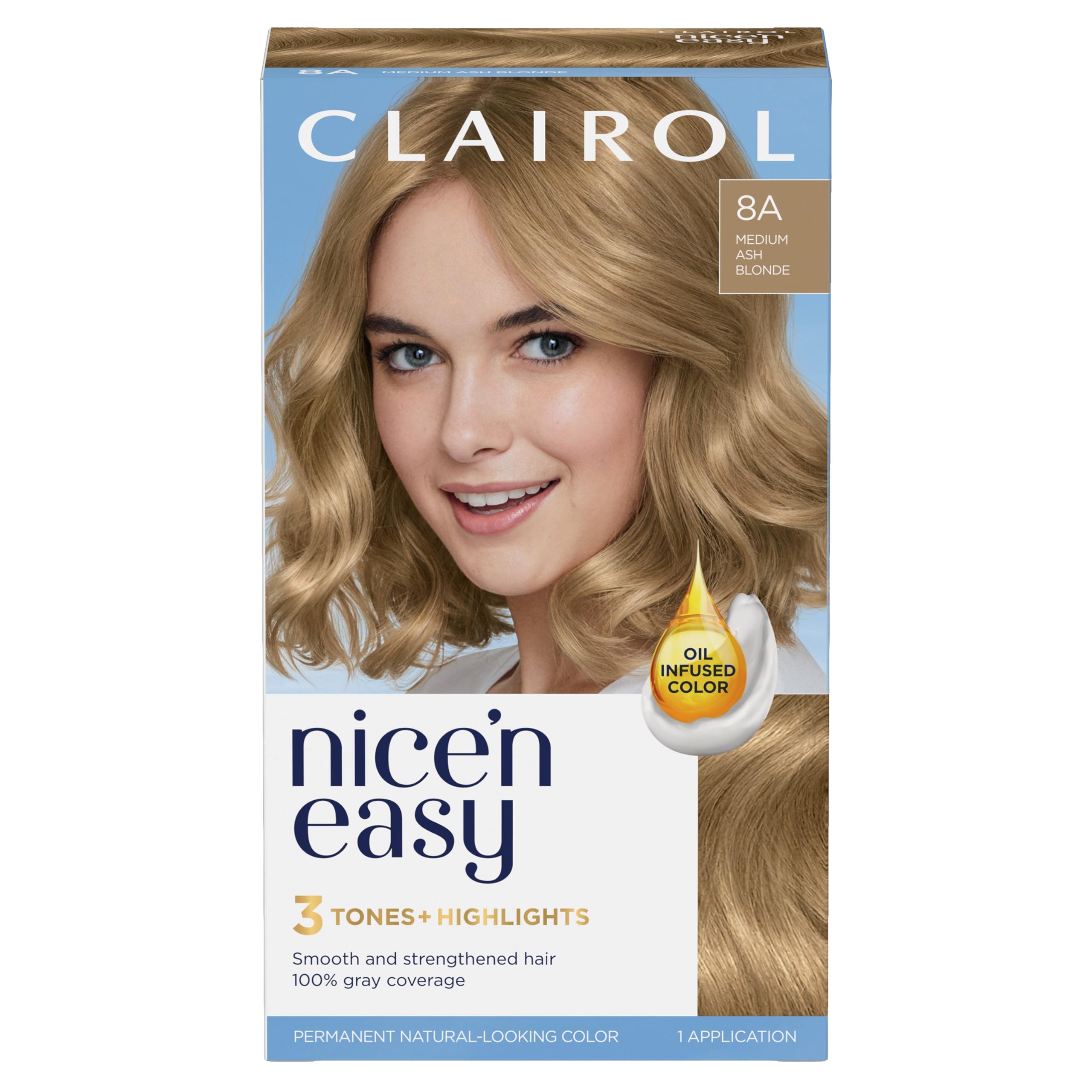 Clairol Nice'n Easy 8A ceniza medio, empaque brillante para un color natural.