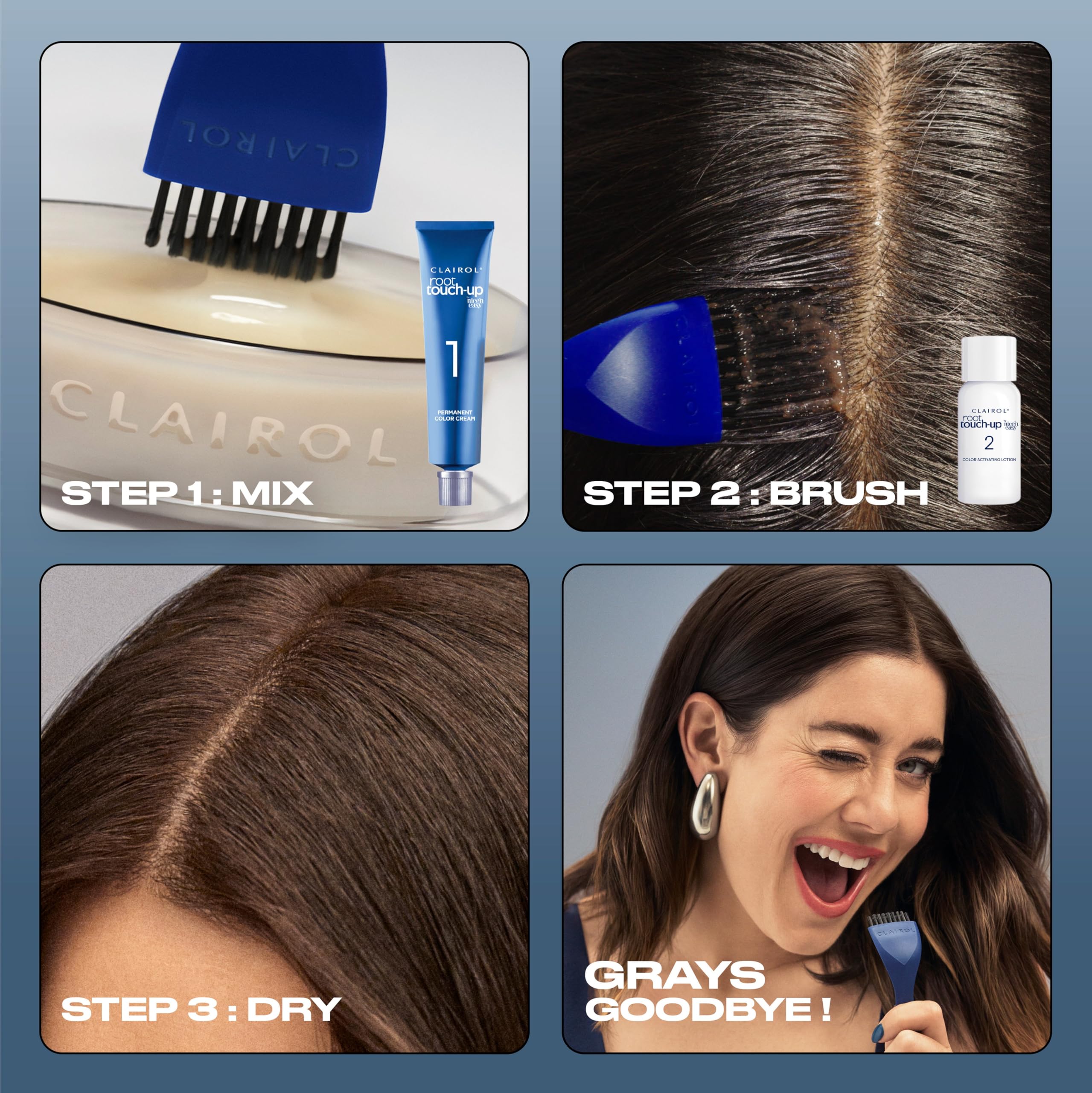 Clairol retoque de raíces, blend preciso que iguala raíz y puntas.