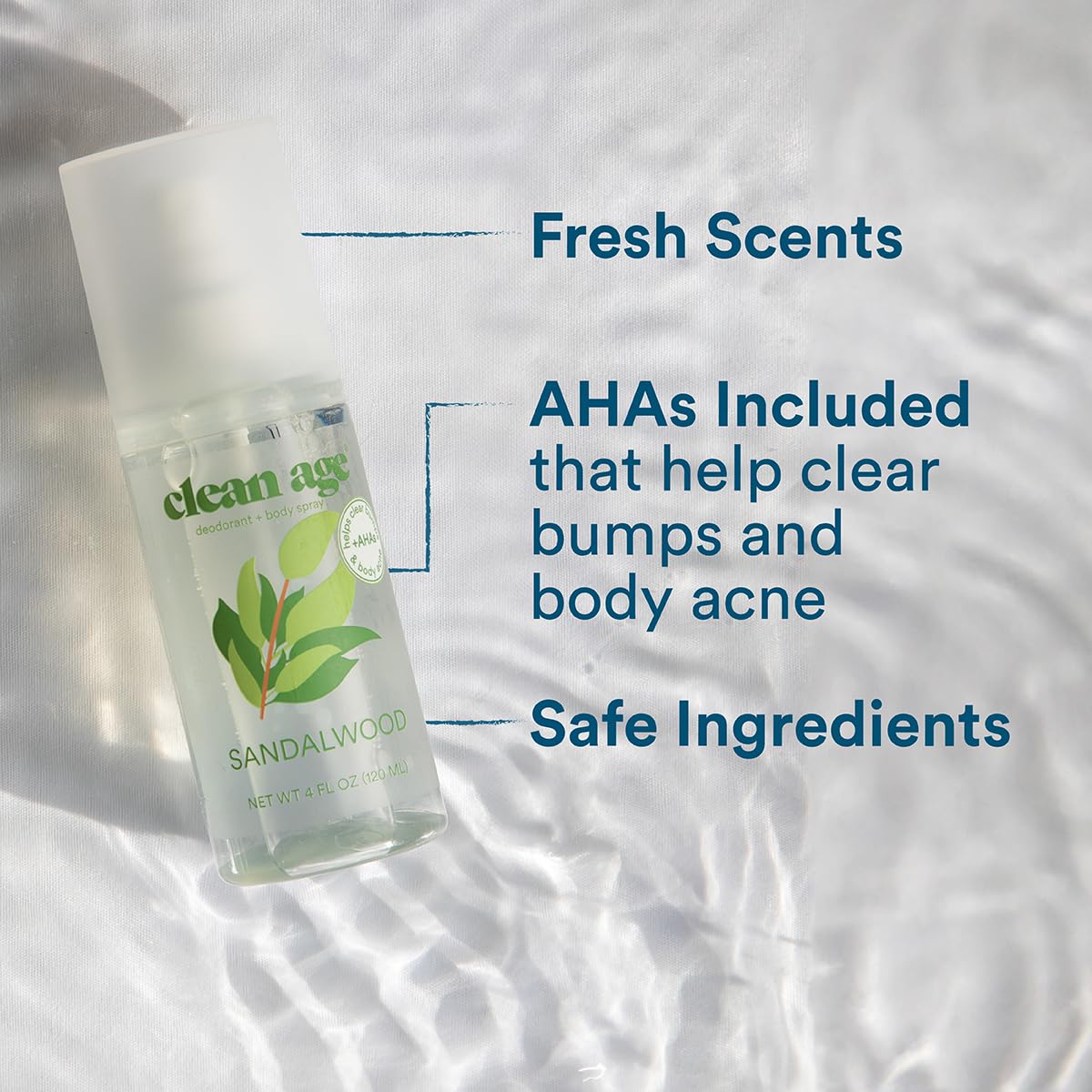 Closeup of Clean Age sandalwood deodorant label showing vegan, paraben-free ingredients for sensitive teen skin
