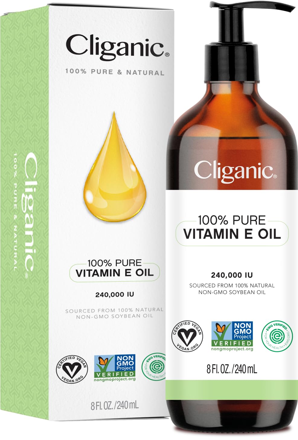 Cliganic Aceite de Vitamina E 240000 UI en botella para hidratación de la piel