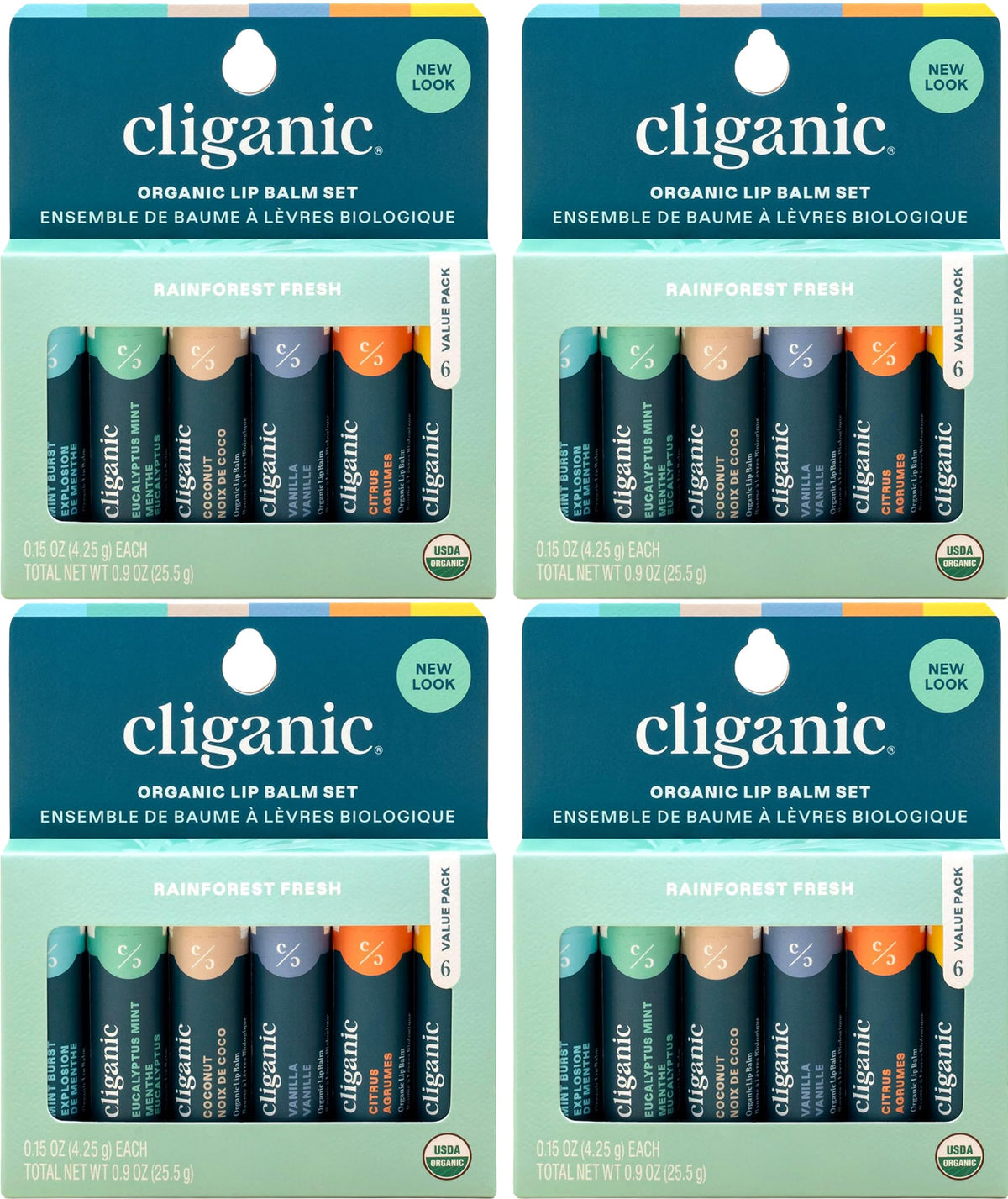 Baume à lèvres Cliganic – ensemble 4 paquets, pratique pour le voyage.