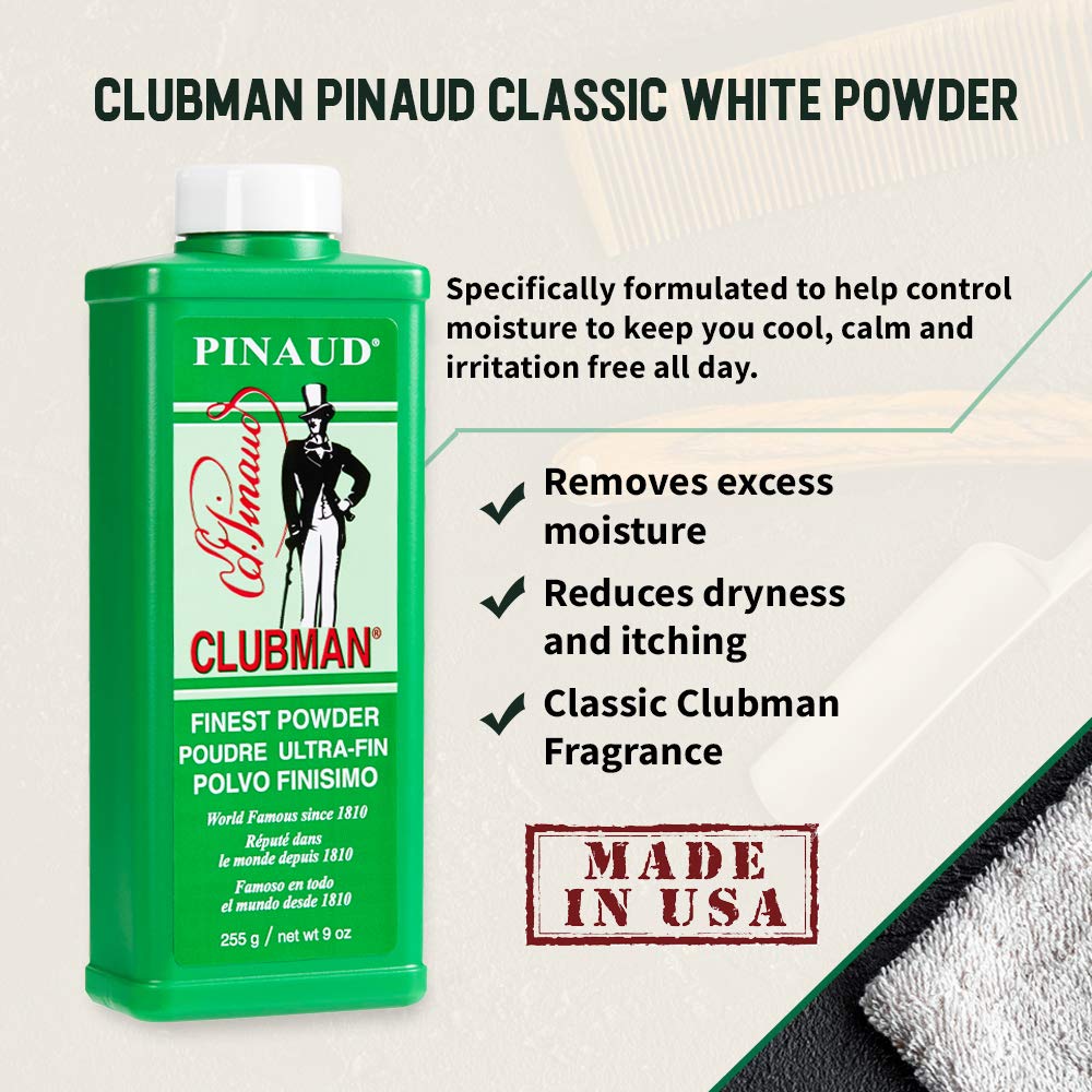Clubman Pinaud Finest Powder, textura ultrafina que evita rozaduras y irritación.