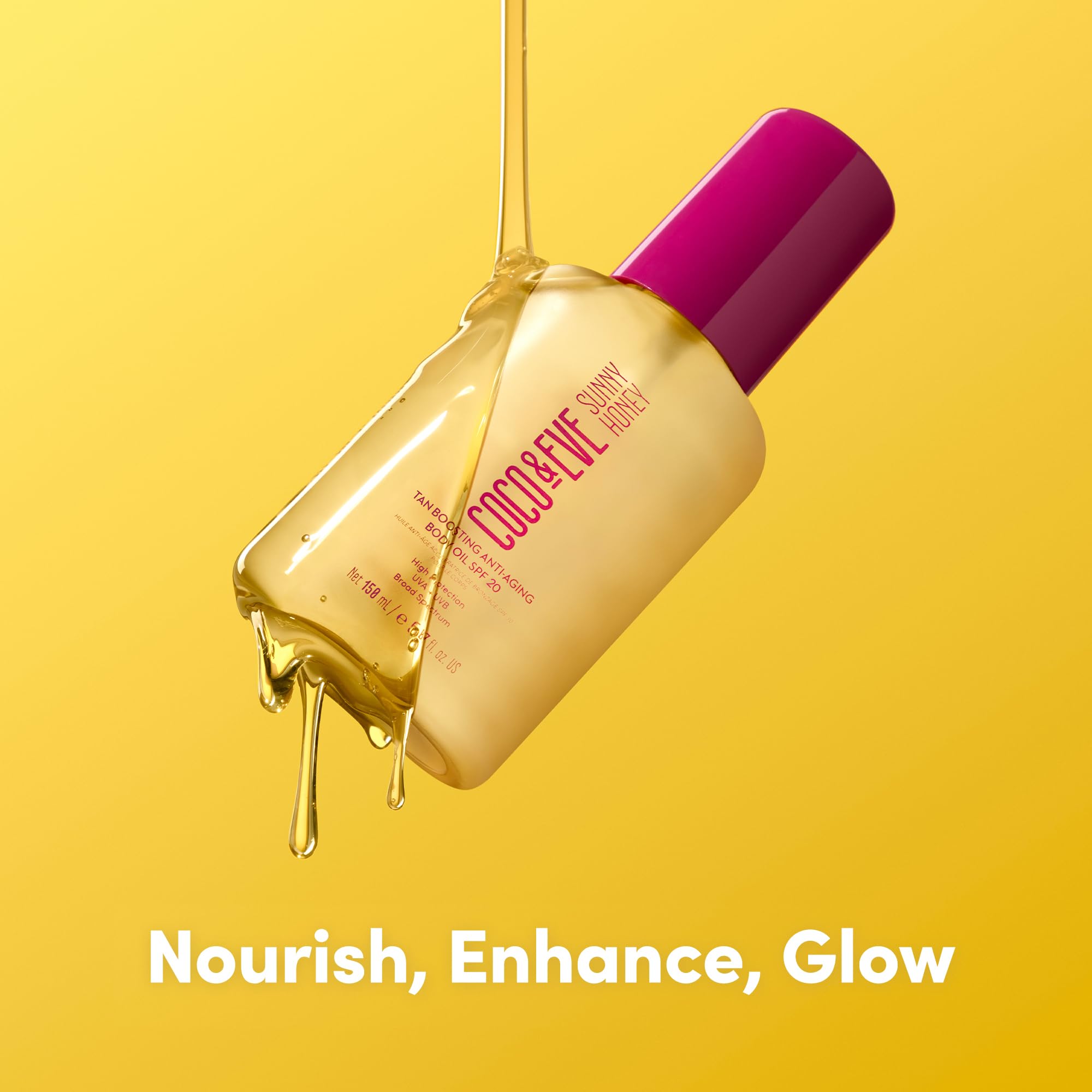 Coco & Eve Aceite corporal acelerador de bronceado, proceso-bronceado, muestra desarrollo de tono dorado con protección.