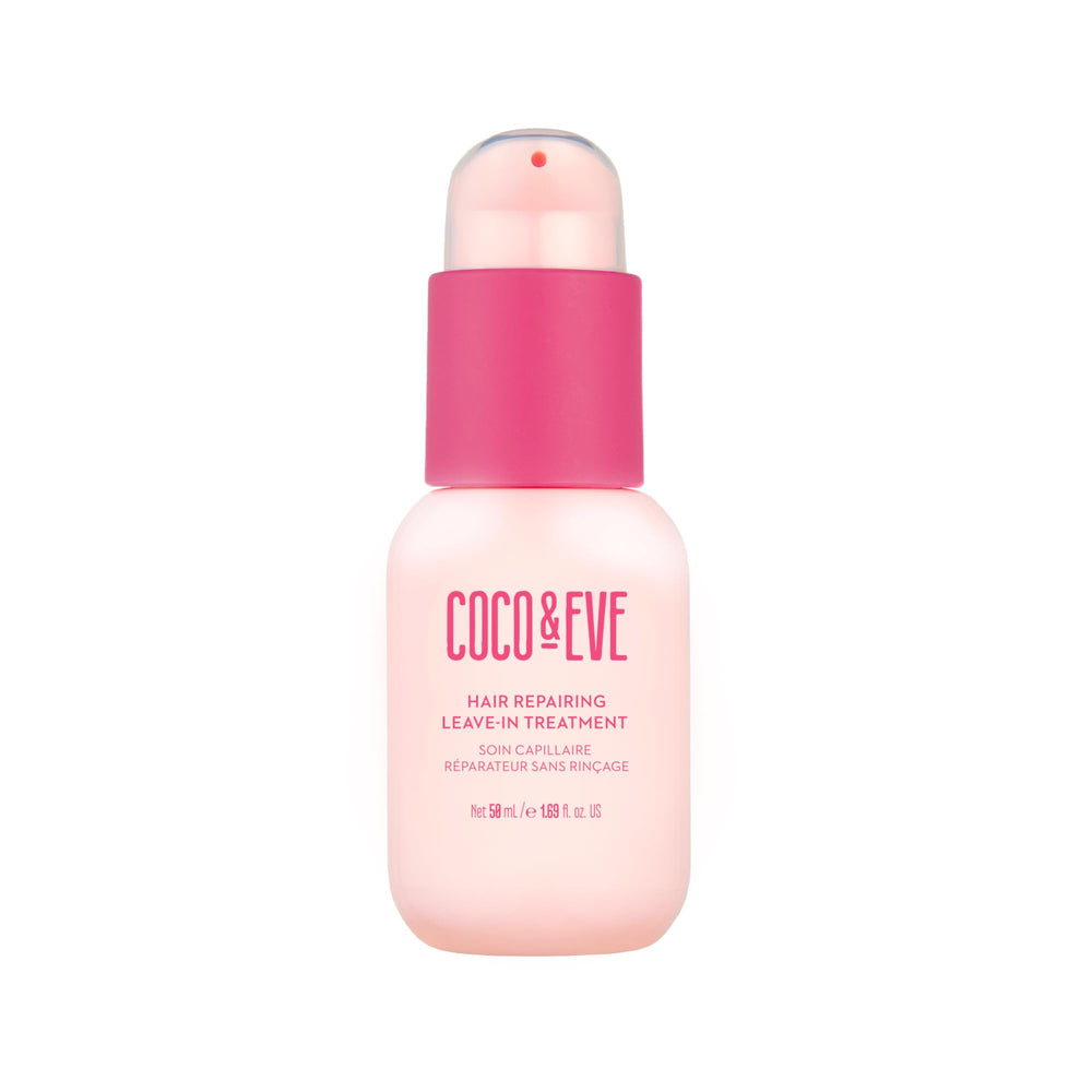 Coco & Eve, botella rosa frontal, ideal para reparar y nutrir el cabello.
