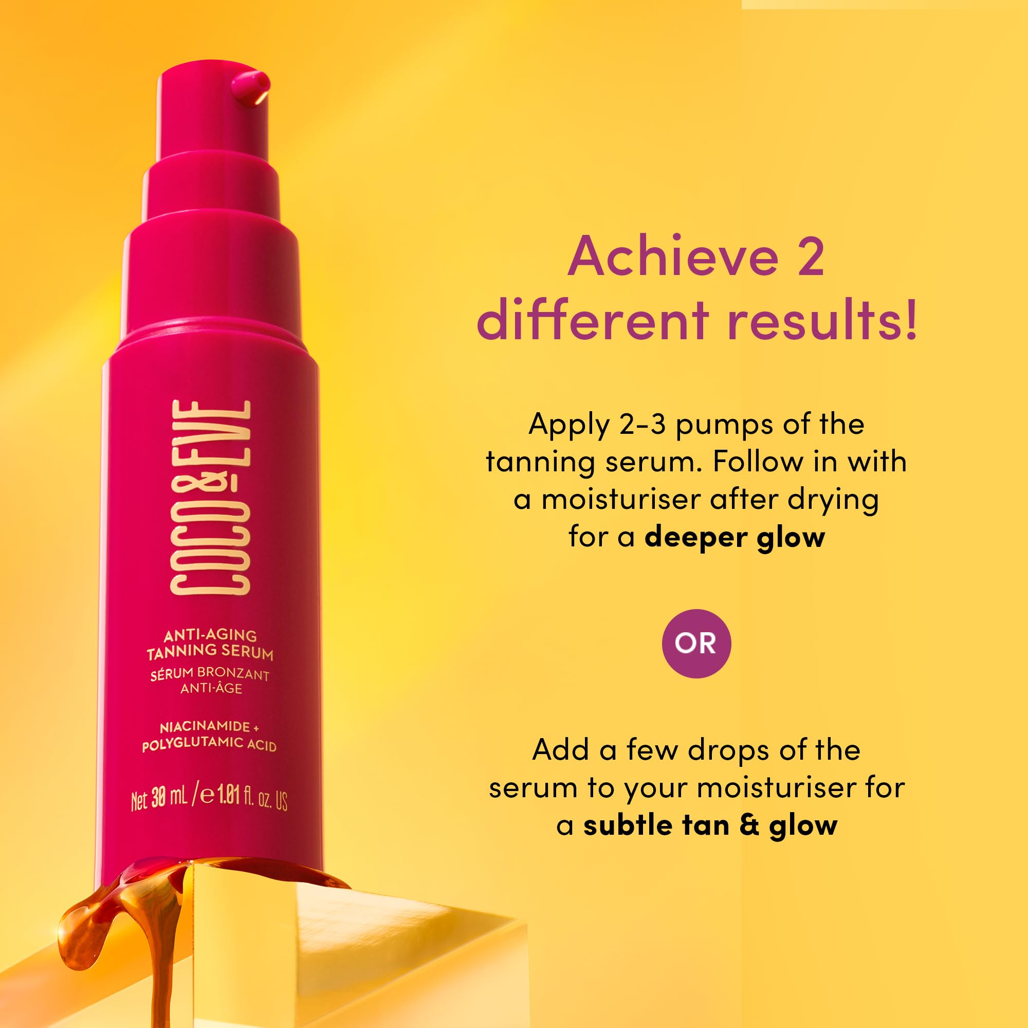Coco & Eve bronceado natural con brillo suave para la piel.