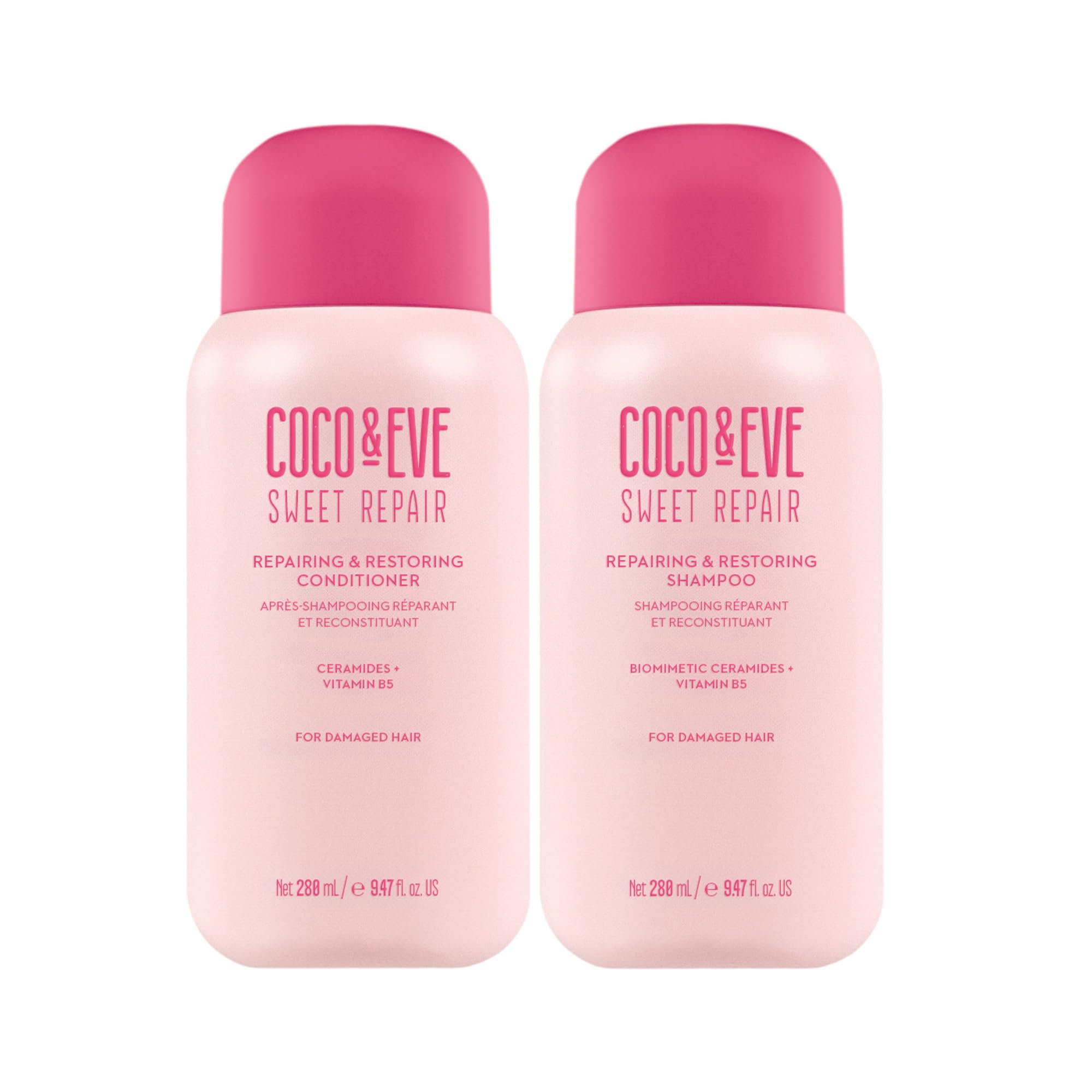 Champú Coco & Eve Repair & Restore, botella visible para uso diario en cabello dañado.