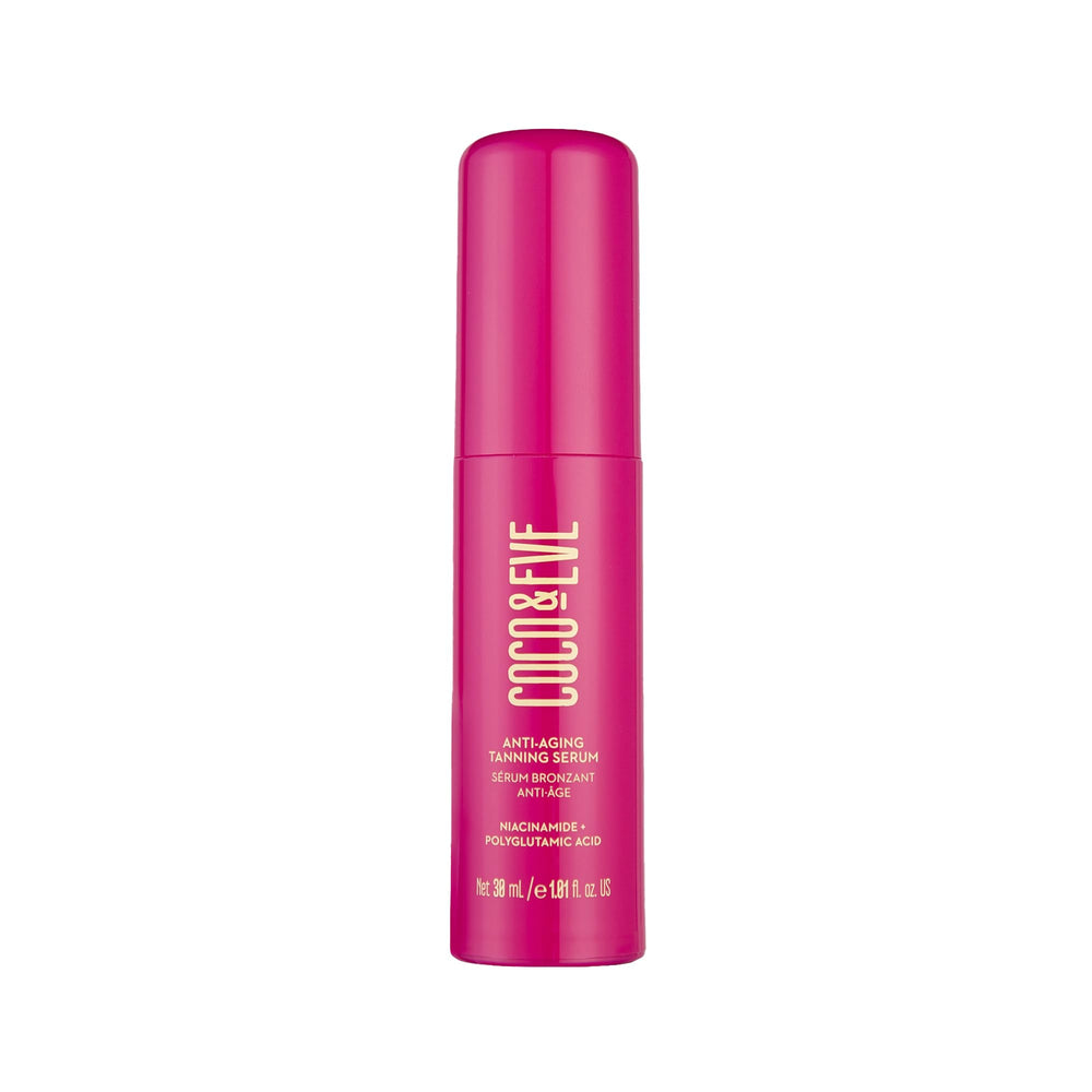 Coco & Eve serum bronceador anti-edad en bote para hidratación suave.