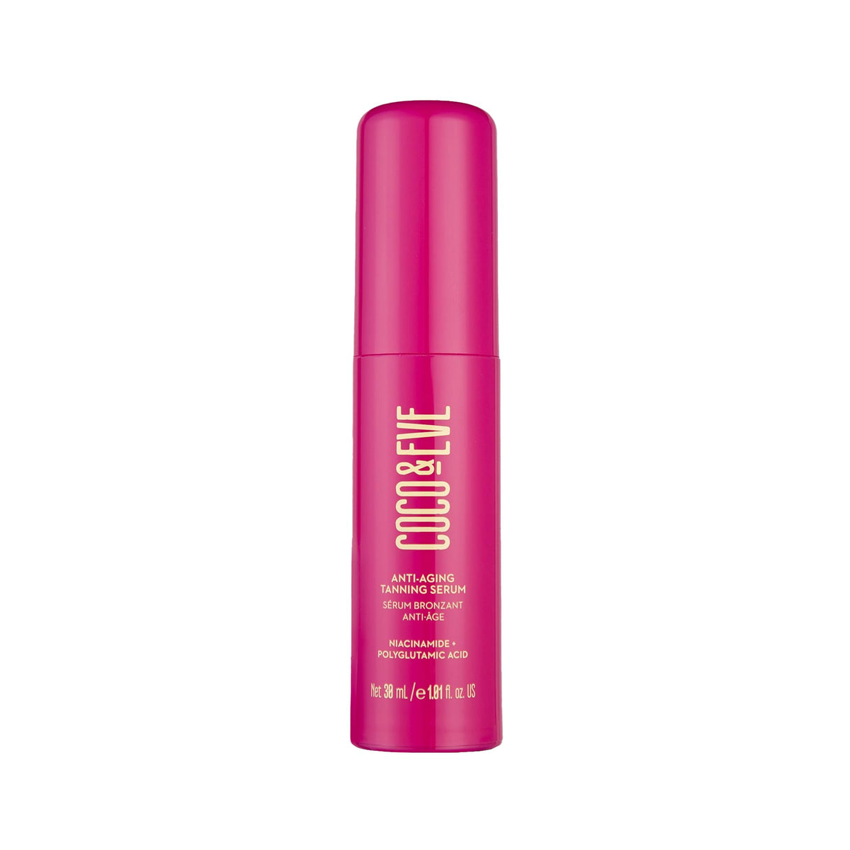Coco & Eve serum bronceador anti-edad en bote para hidratación suave.
