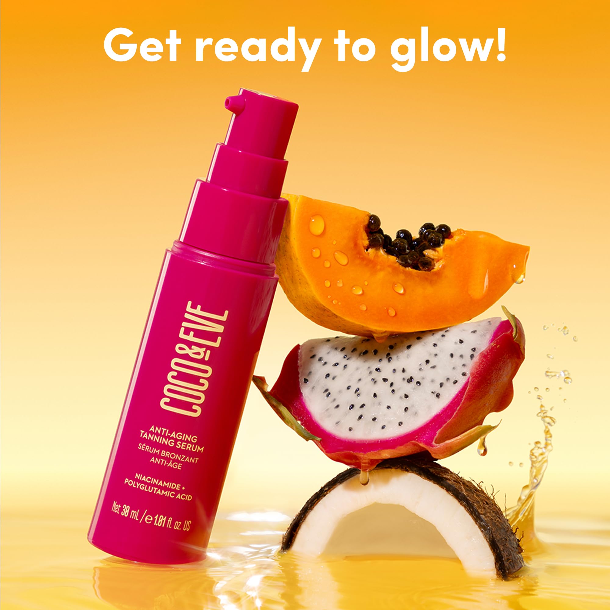Coco & Eve serum bronceador aplicación suave para tono uniforme.