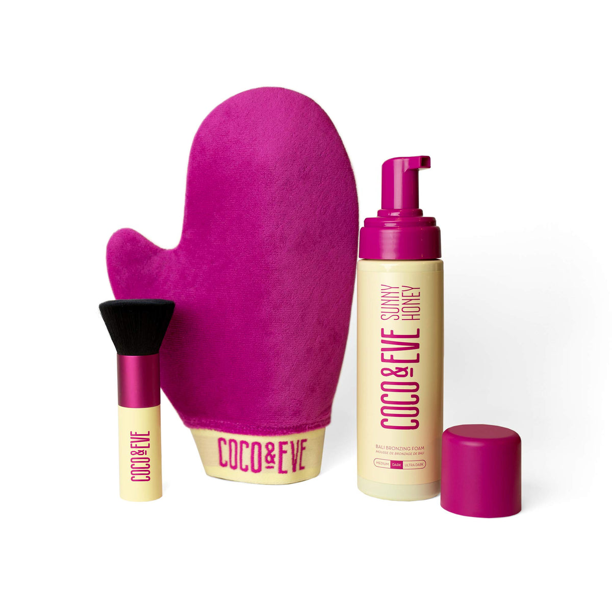 Coco & Eve Sunny Honey Bali bronceador en botella para tono natural.