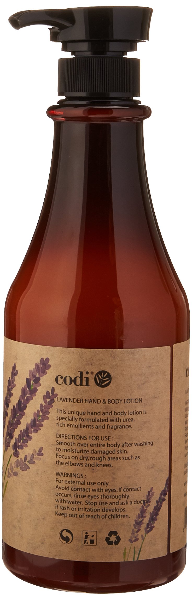 CODi Loción lavanda, aplicación en mano, aroma relajante e hidratación duradera.