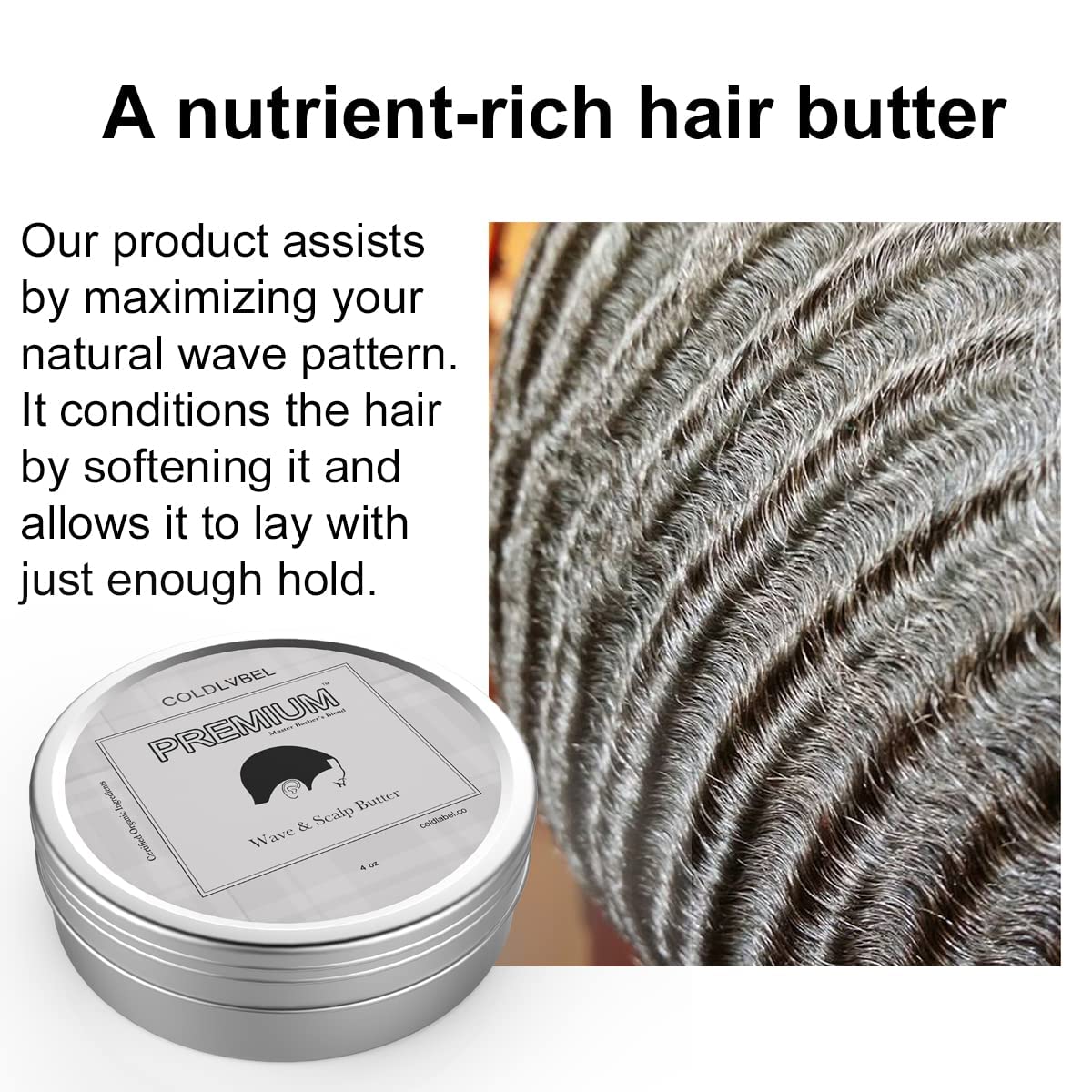 COLDLABEL Premium Wave y Scalp Butter, aplicación suave para definición y brillo ligero.