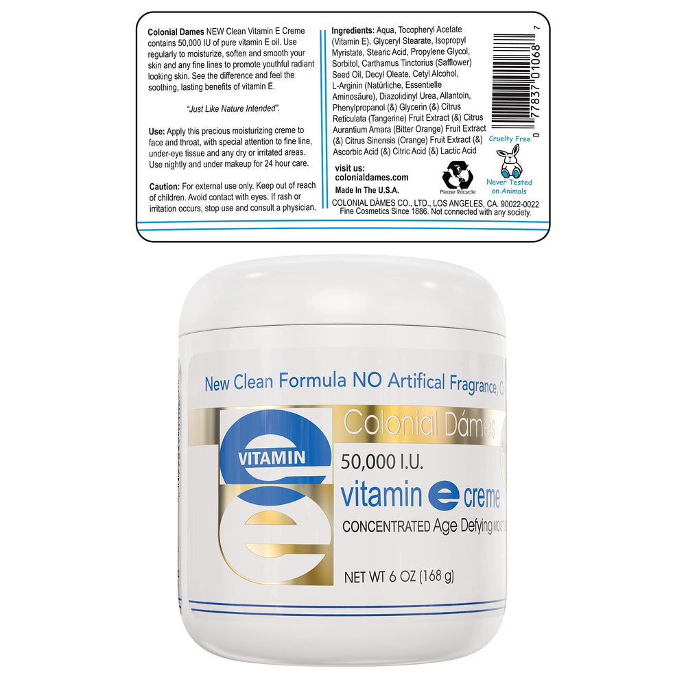 Empaque eco de Colonial Dames crema vitamina E para cuidado consciente.