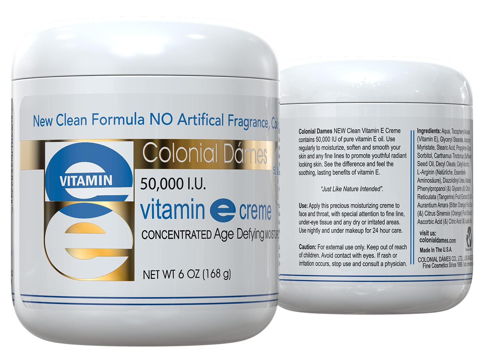 Envase sin fragancias de Colonial Dames vitamina E, piel sin irritaciones.