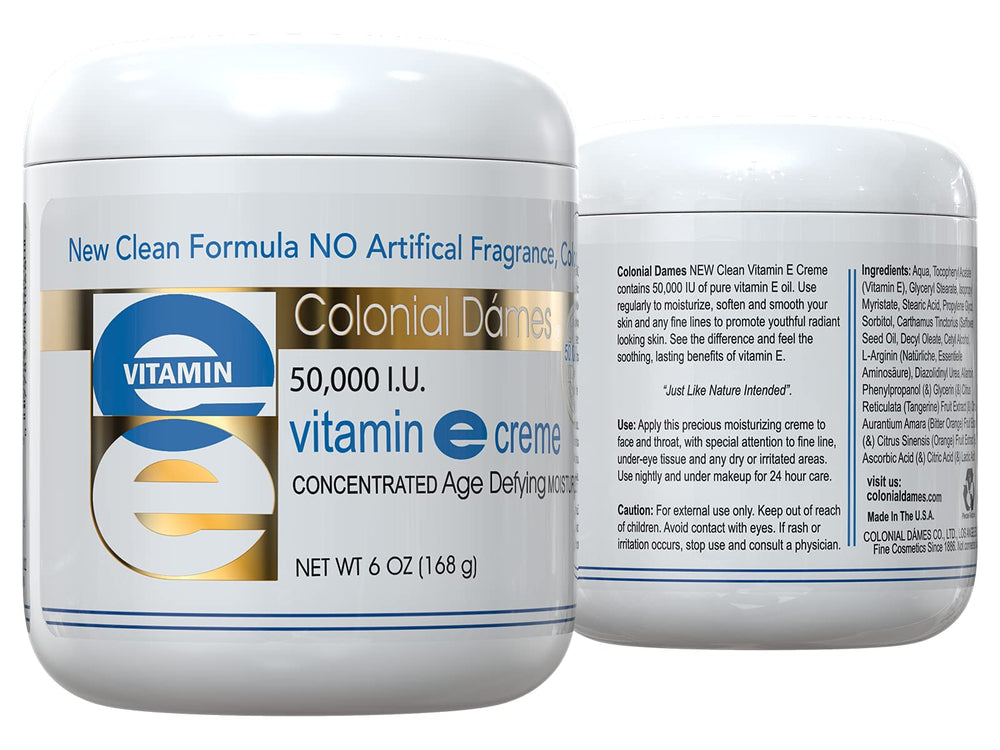 Envase sin fragancias de Colonial Dames vitamina E, piel sin irritaciones.