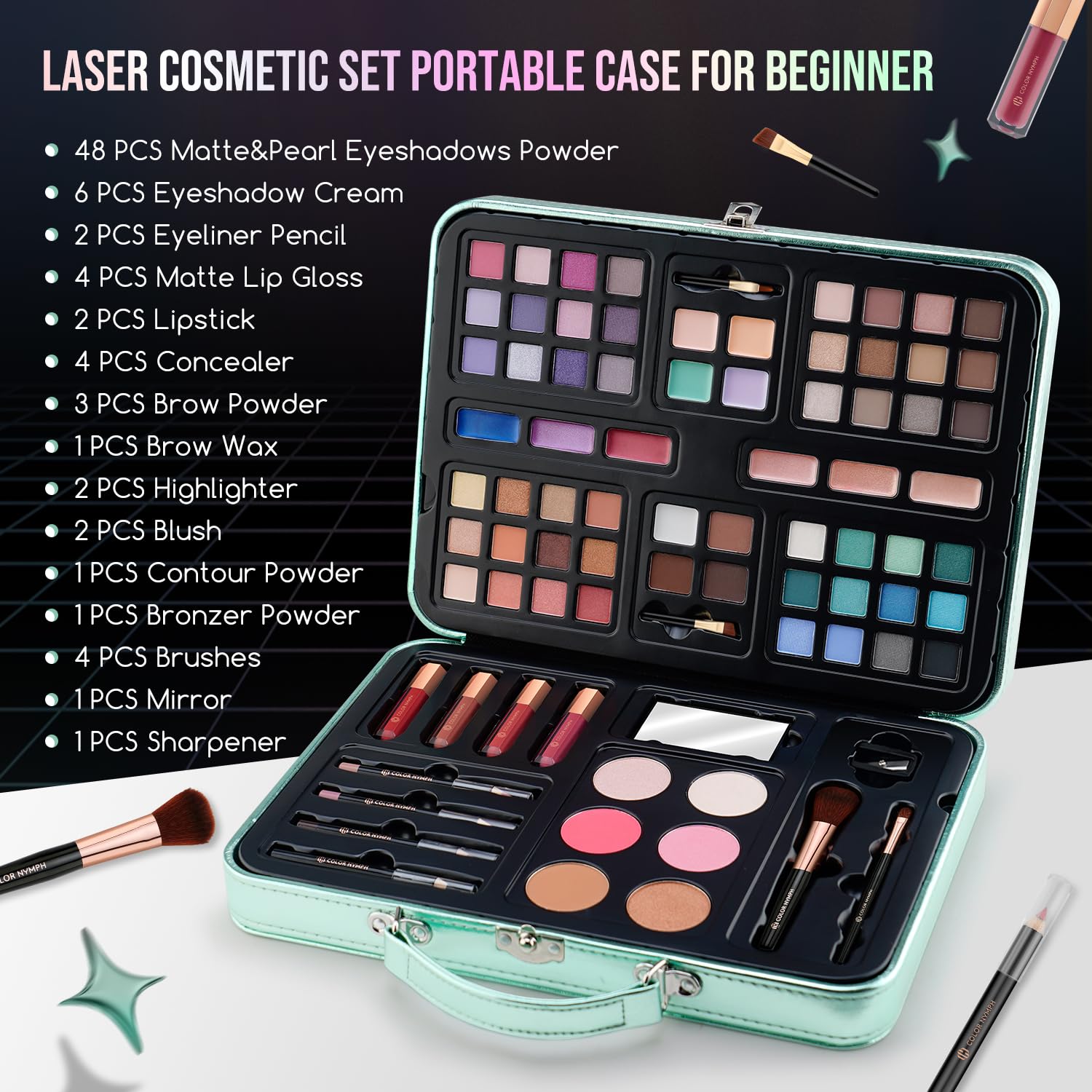 Color Nymph eyeshadow palette with diverse shades for creative looks.