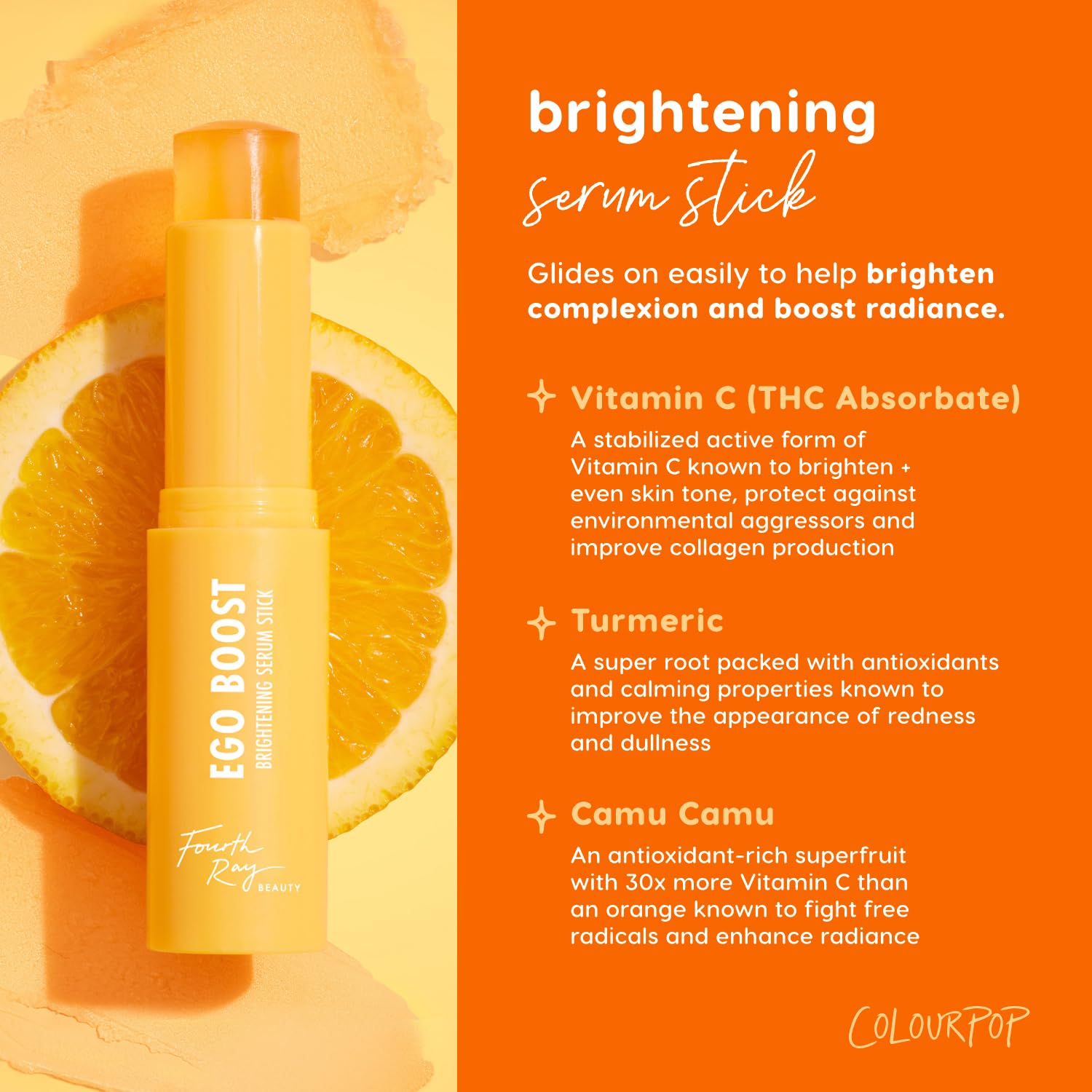 ColourPop Brightening Vitamin C Serum Stick swatch reveals smooth texture for seamless makeup prep.
