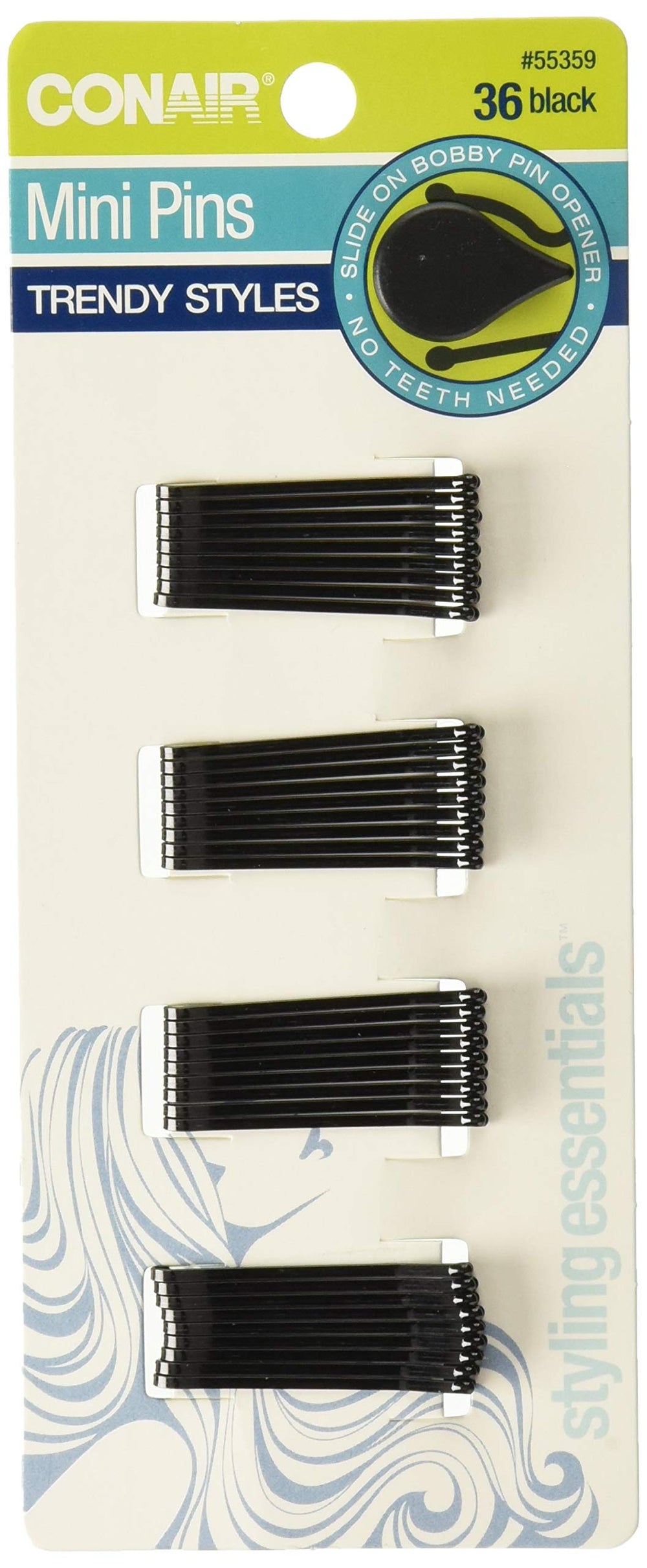 Conair Pasadores Mini para Peinado en negro, empaque compacto para peinados rápidos.