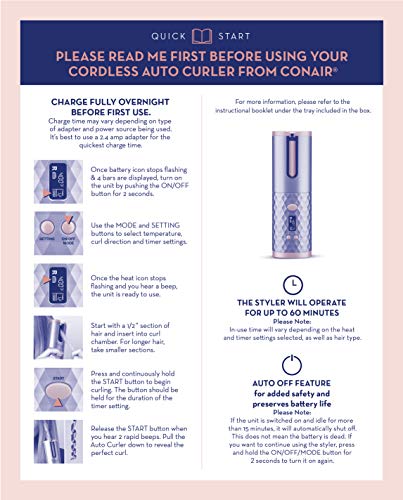 Conair Unbound rizador automático, cargador USB y baterías recargables incluidos para movilidad.