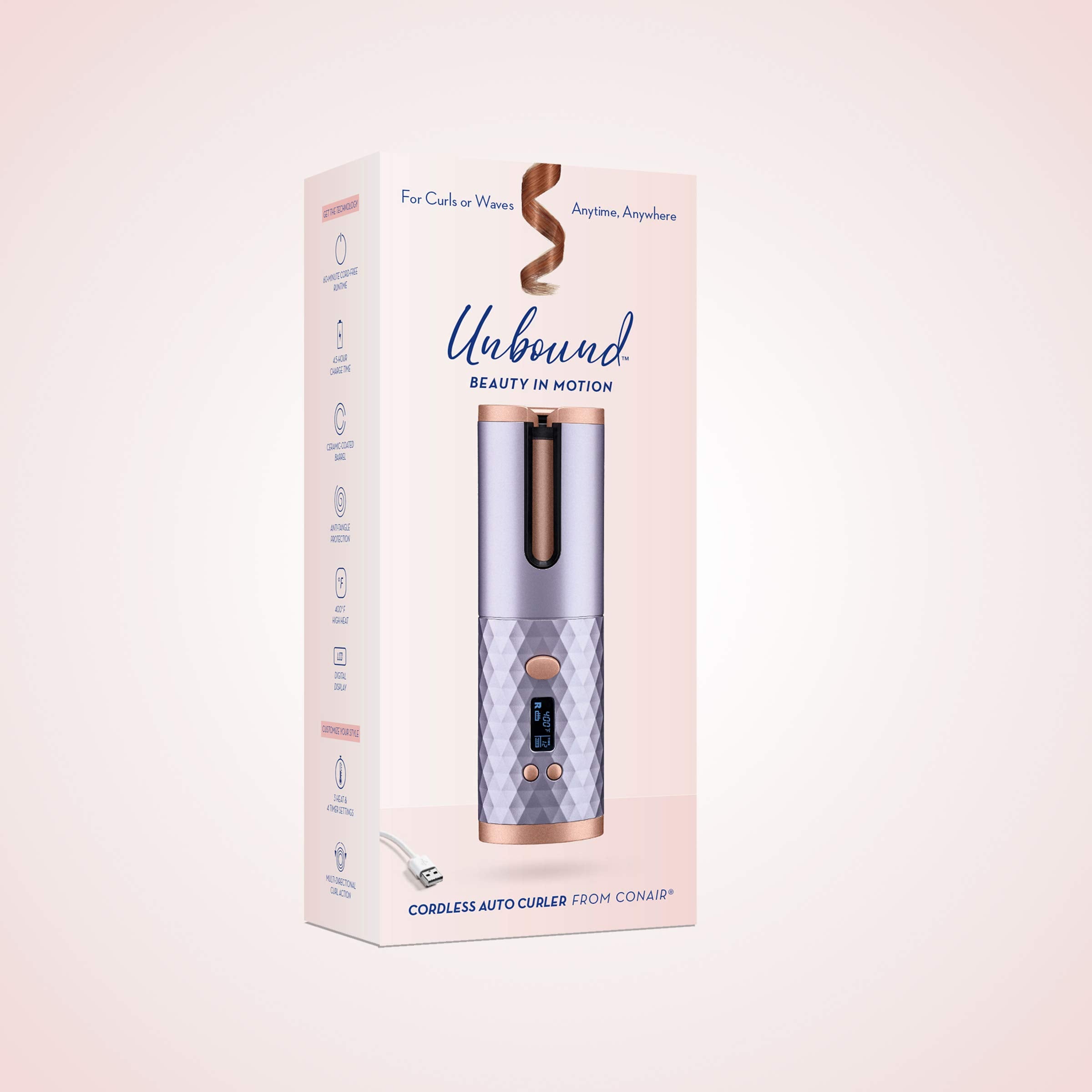Conair Unbound rizador automático, apagado automático por seguridad después de uso.