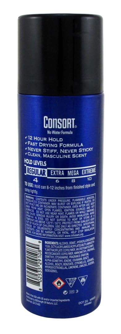 Consort aerosol para cabello, detalle de botella mostrando fijación estable durante el día.