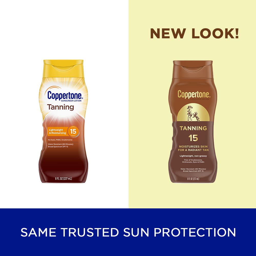 Coppertone botella bronceadora SPF 15 lista para salidas al aire libre.