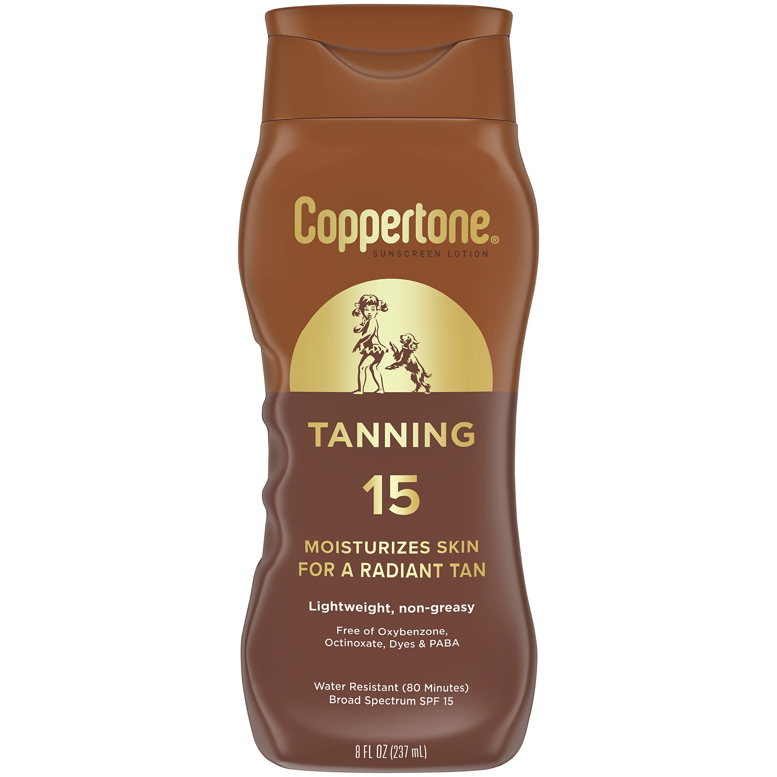 Coppertone loción bronceadora SPF 15 en botella de 8oz para uso diario al sol.