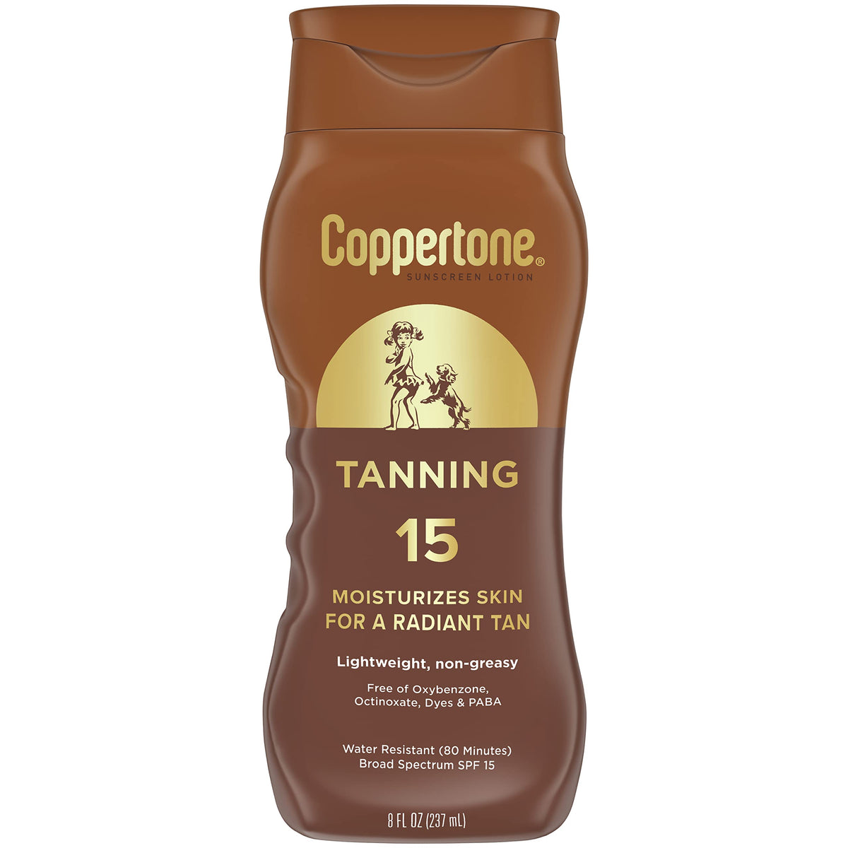 Coppertone loción bronceadora SPF 15 en botella de 8oz para uso diario al sol.