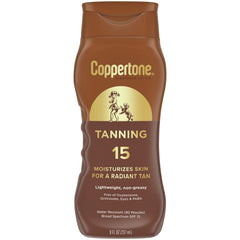 Coppertone loción bronceadora SPF 15 en botella de 8oz para uso diario al sol.