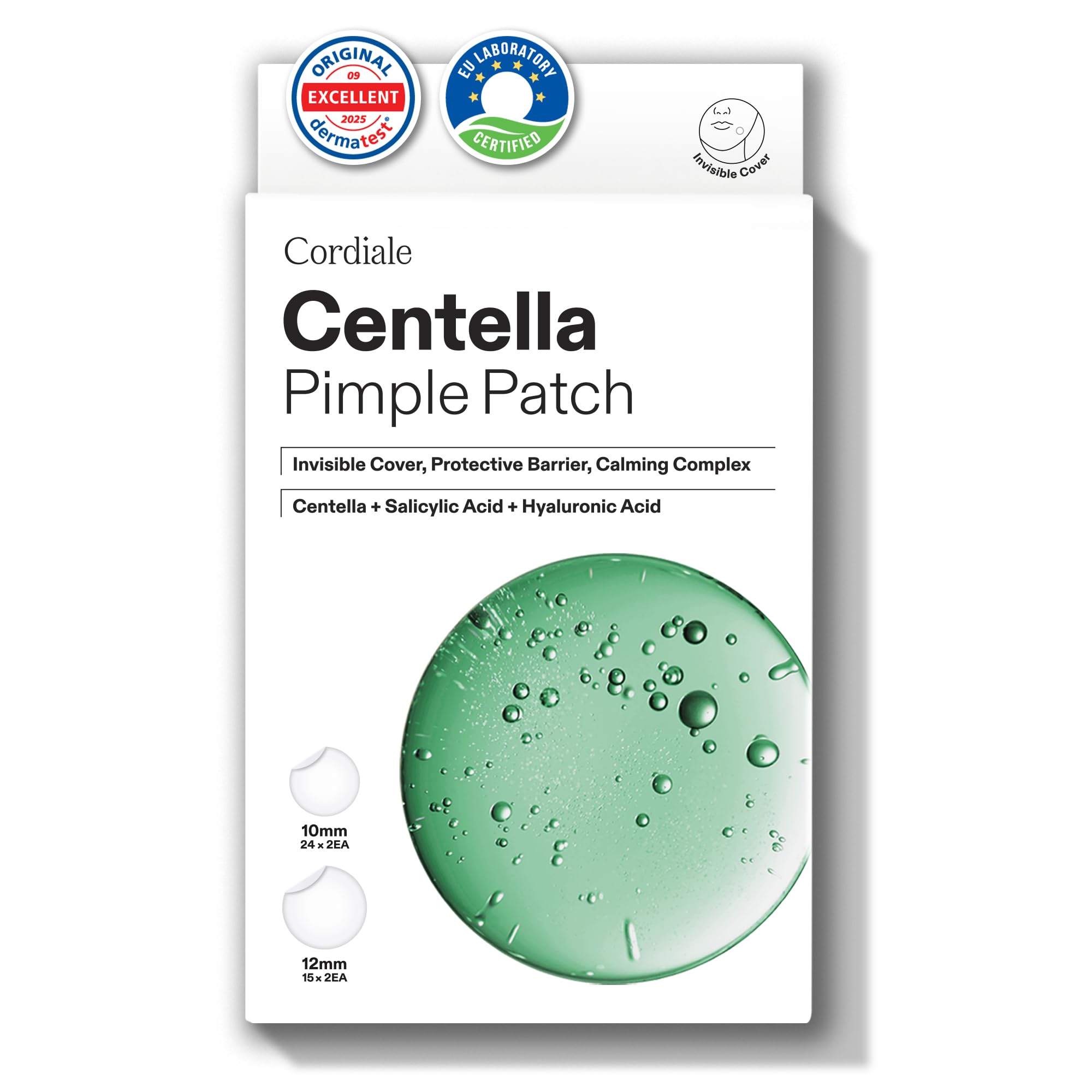 Parche Cordiale Centella para acné de 10 mm en empaque, cuidado discreto.