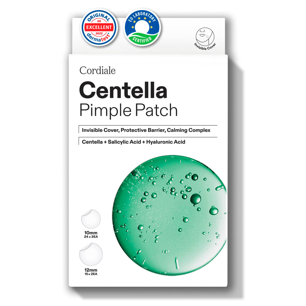 Parche Cordiale Centella para acné de 10 mm en empaque, cuidado discreto.