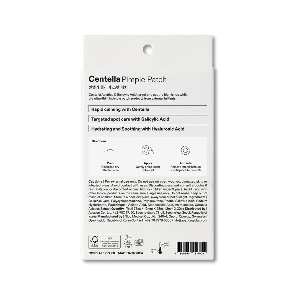 Envase con dos tallas Cordiale Centella para parches de acné.