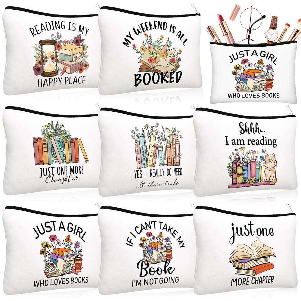 Cosblank bolsa maquillaje con patrón de libro, ideal para tener tus esenciales a mano.