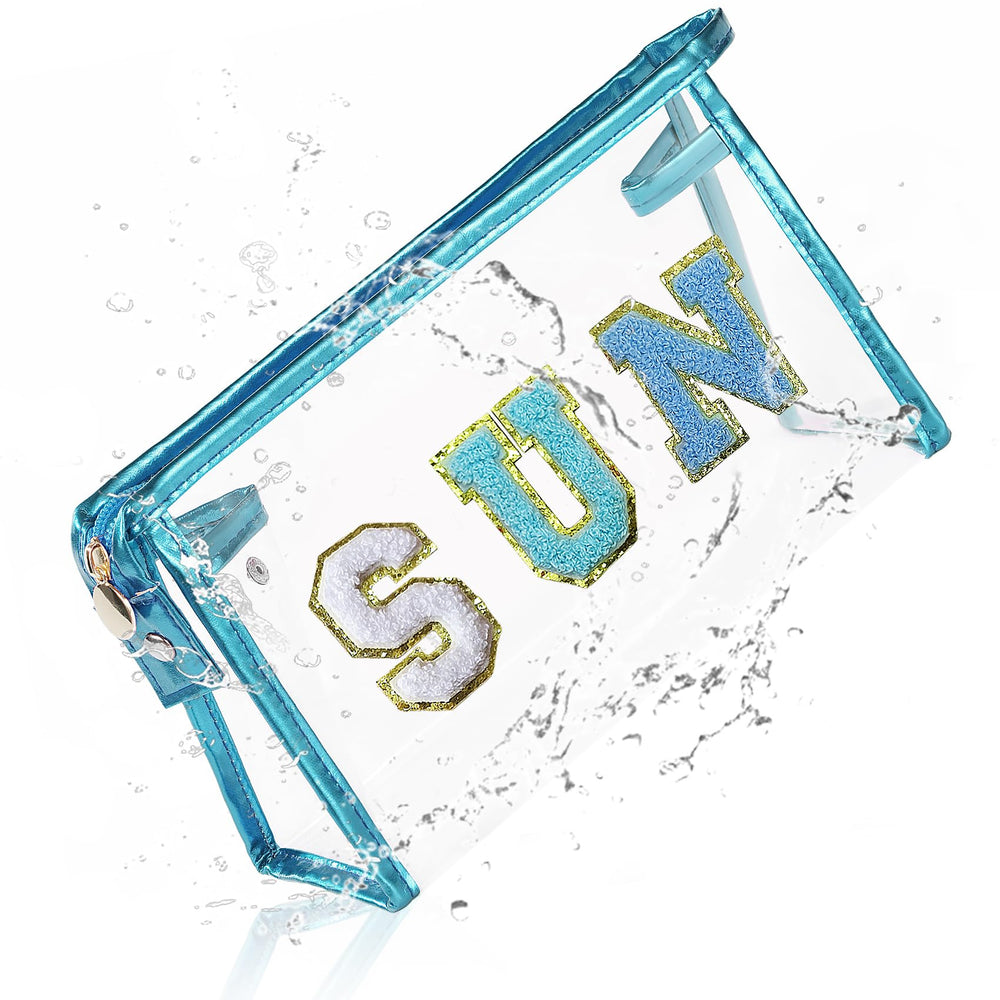 COSHAYSOO bolsa maquillaje transparente con diseño SUN azul para playa y sol.