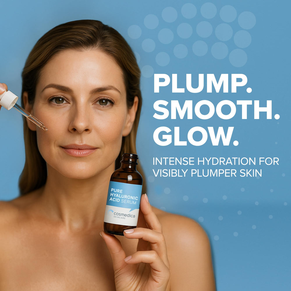 Cosmedica Skincare suero hialurónico, aplicación en rostro para absorción rápida.