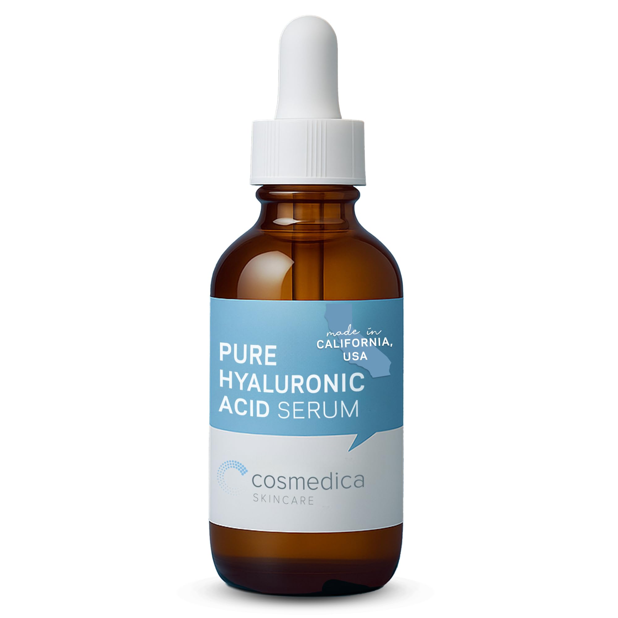 Cosmedica Skincare suero hialurónico, botella con gota, hidratación profunda para la piel.