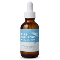 Cosmedica Skincare suero hialurónico, botella con gota, hidratación profunda para la piel.